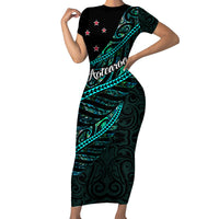 Personalised Aotearoa Short Sleeve Bodycon Dress Silver Fern Mix Paua Shell Polynesian Pattern - Wonder Print Shop