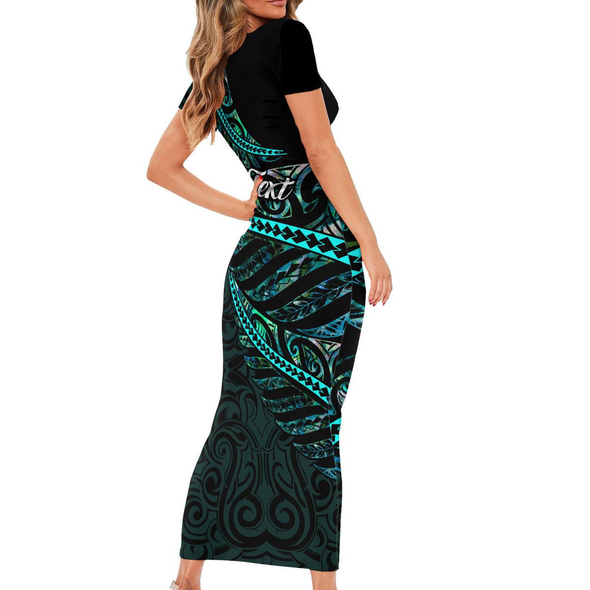 Personalised Aotearoa Short Sleeve Bodycon Dress Silver Fern Mix Paua Shell Polynesian Pattern - Wonder Print Shop
