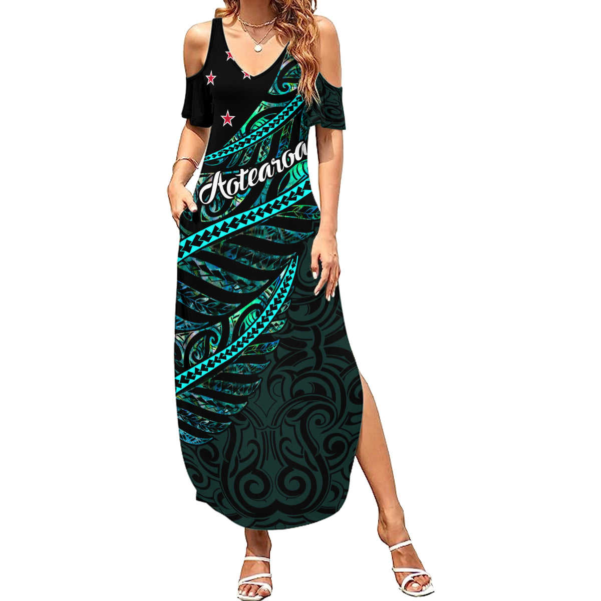 Personalised Aotearoa Summer Maxi Dress Silver Fern Mix Paua Shell Polynesian Pattern - Wonder Print Shop