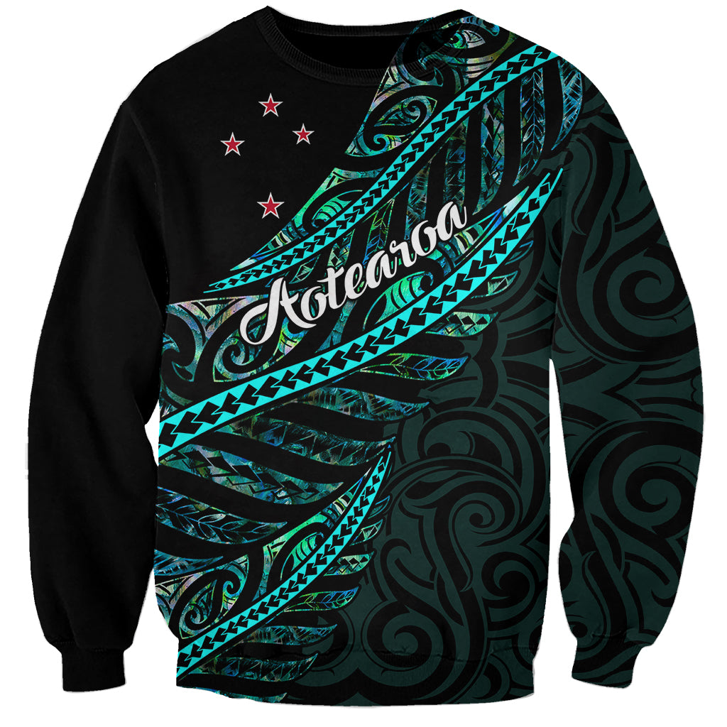 Personalised Aotearoa Sweatshirt Silver Fern Mix Paua Shell Polynesian Pattern - Wonder Print Shop