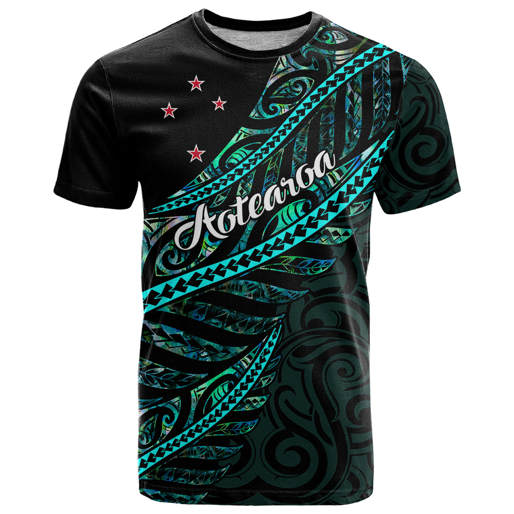 Personalised Aotearoa T Shirt Silver Fern Mix Paua Shell Polynesian Pattern - Wonder Print Shop