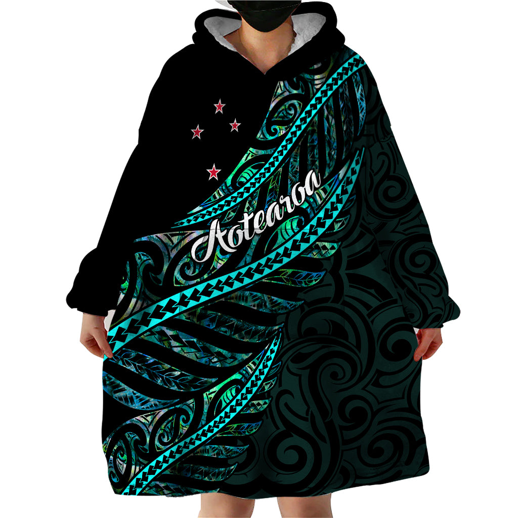 Personalised Aotearoa Wearable Blanket Hoodie Silver Fern Mix Paua Shell Polynesian Pattern - Wonder Print Shop