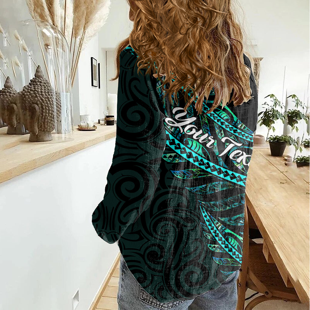 Personalised Aotearoa Women Casual Shirt Silver Fern Mix Paua Shell Polynesian Pattern - Wonder Print Shop