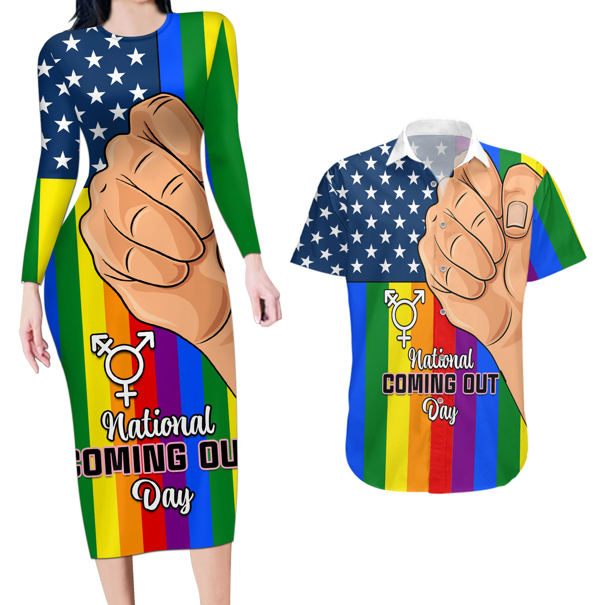 Love is Love Couples Matching Long Sleeve Bodycon Dress and Hawaiian Shirt 2023 National Coming Out Day - Wonder Print Shop