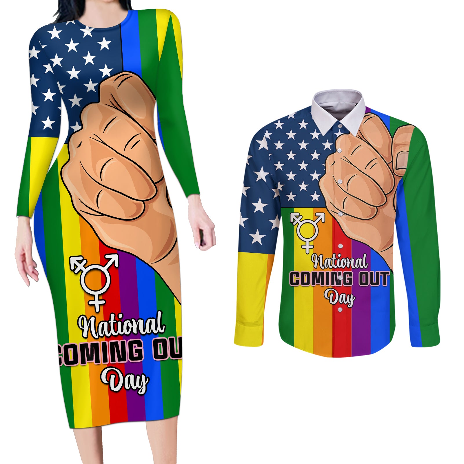 Love is Love Couples Matching Long Sleeve Bodycon Dress and Long Sleeve Button Shirts 2023 National Coming Out Day - Wonder Print Shop