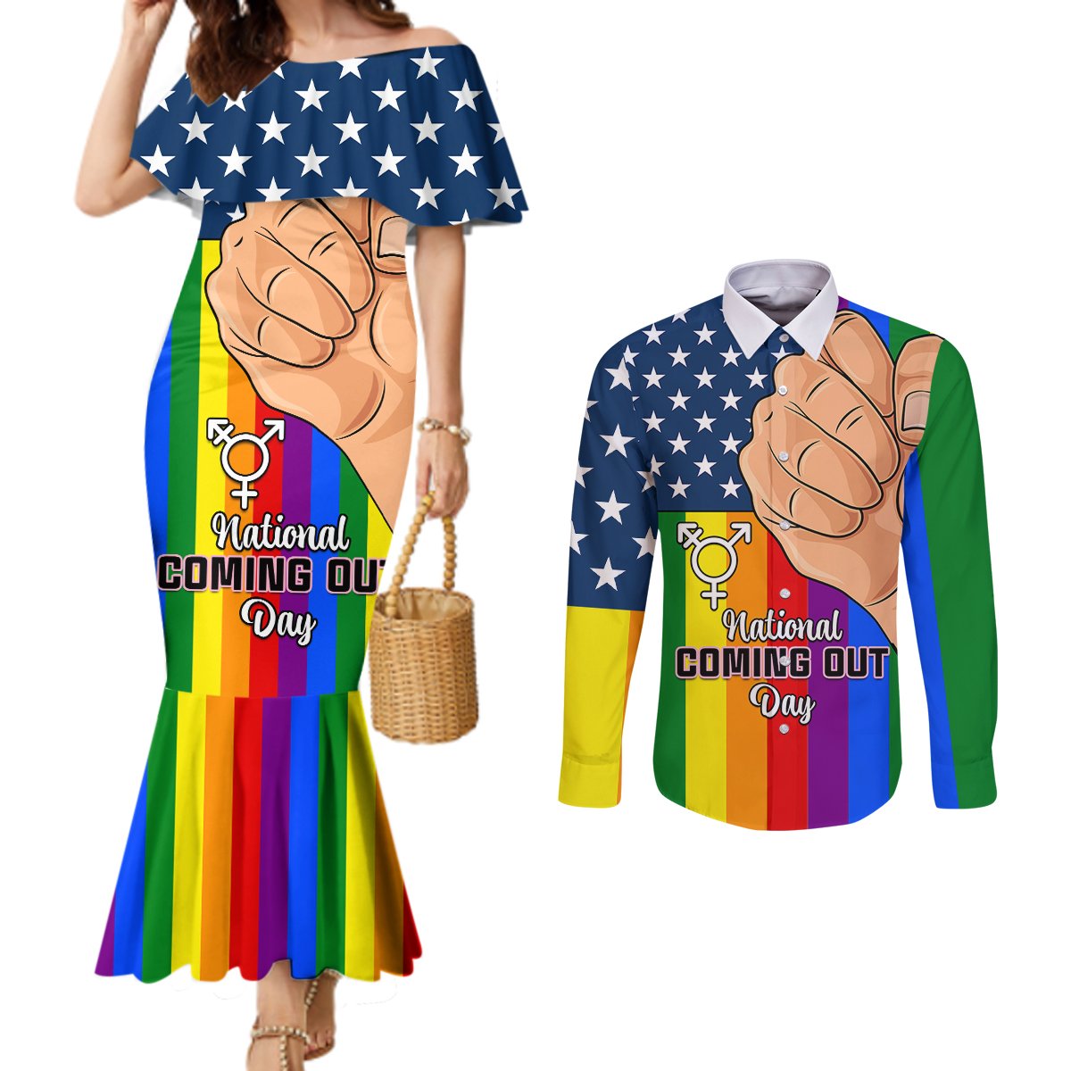 love-is-love-couples-matching-mermaid-dress-and-long-sleeve-button-shirts-2023-national-coming-out-day