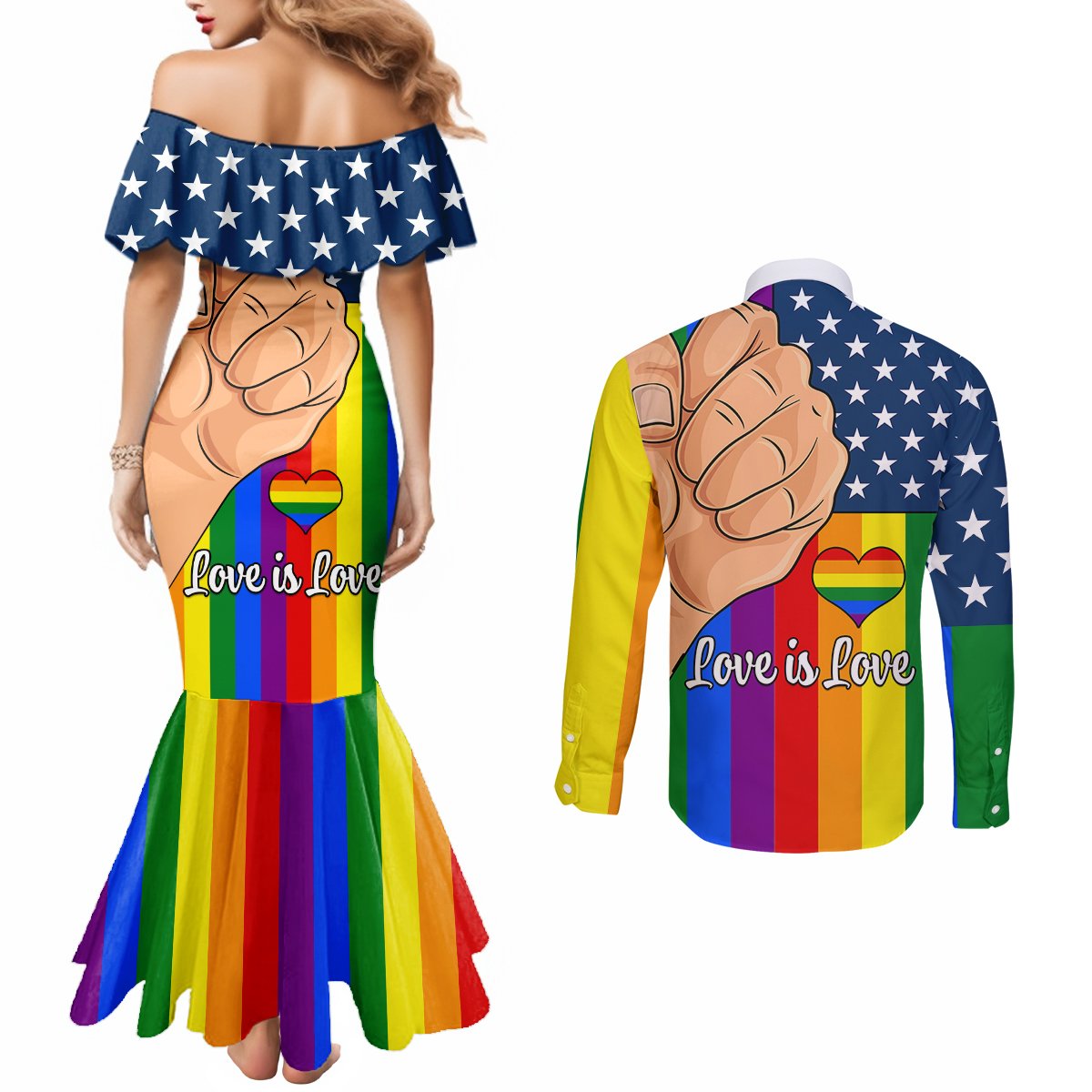 love-is-love-couples-matching-mermaid-dress-and-long-sleeve-button-shirts-2023-national-coming-out-day