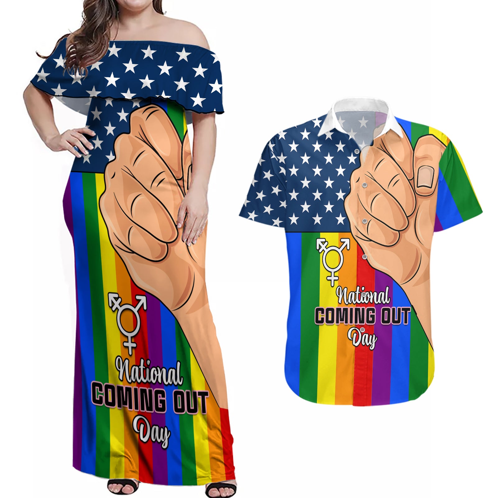 Love is Love Couples Matching Off Shoulder Maxi Dress and Hawaiian Shirt 2023 National Coming Out Day - Wonder Print Shop