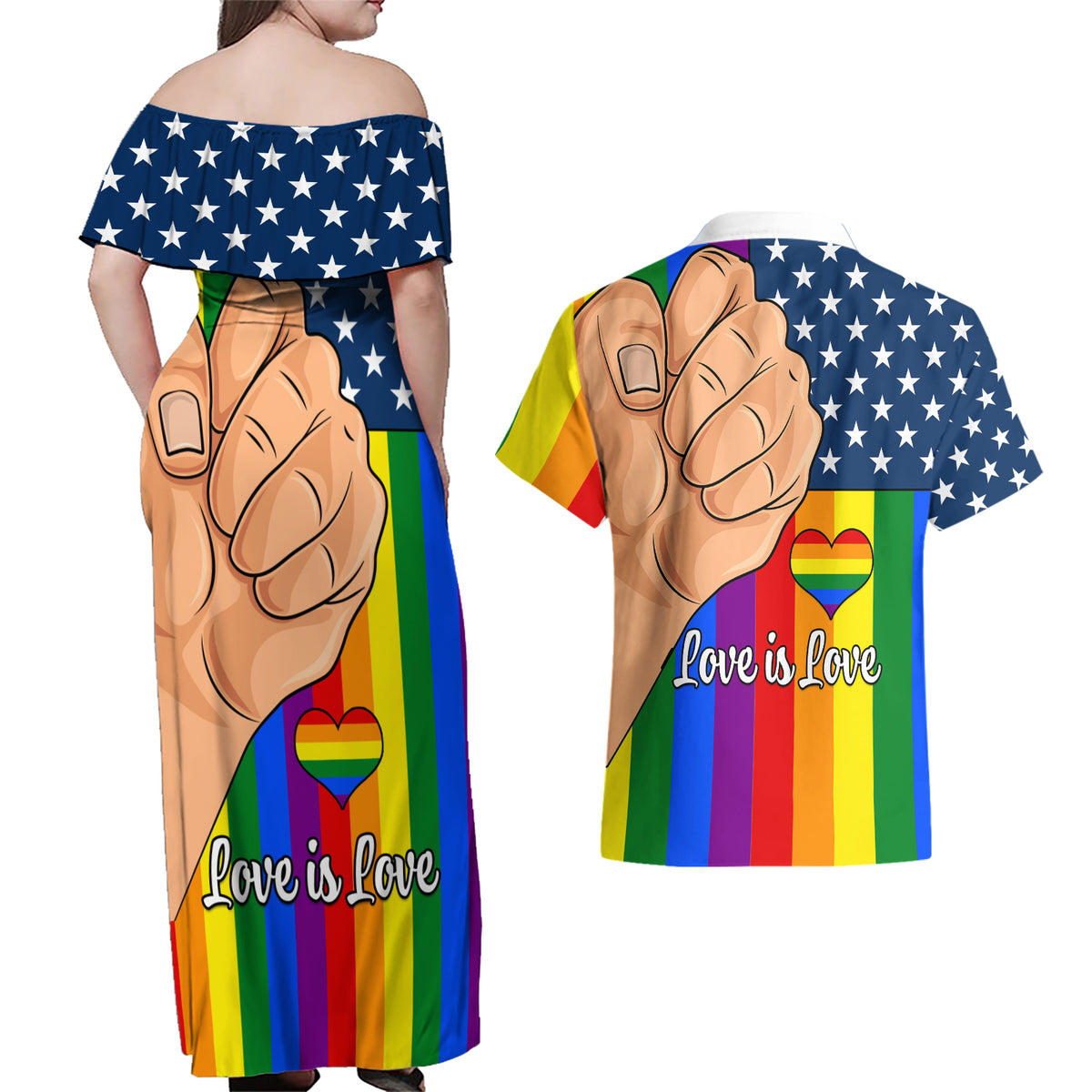 Love is Love Couples Matching Off Shoulder Maxi Dress and Hawaiian Shirt 2023 National Coming Out Day - Wonder Print Shop