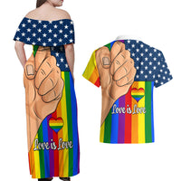 Love is Love Couples Matching Off Shoulder Maxi Dress and Hawaiian Shirt 2023 National Coming Out Day - Wonder Print Shop