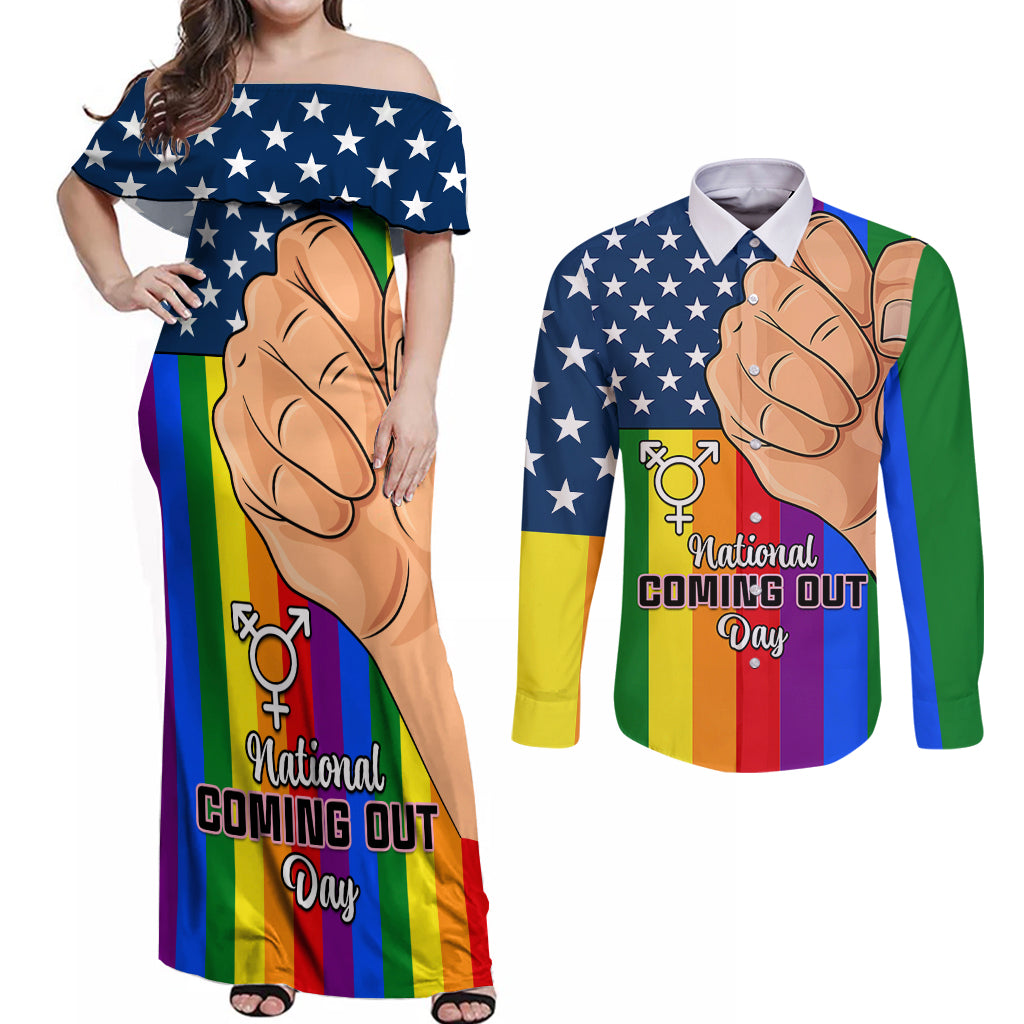 Love is Love Couples Matching Off Shoulder Maxi Dress and Long Sleeve Button Shirts 2023 National Coming Out Day - Wonder Print Shop