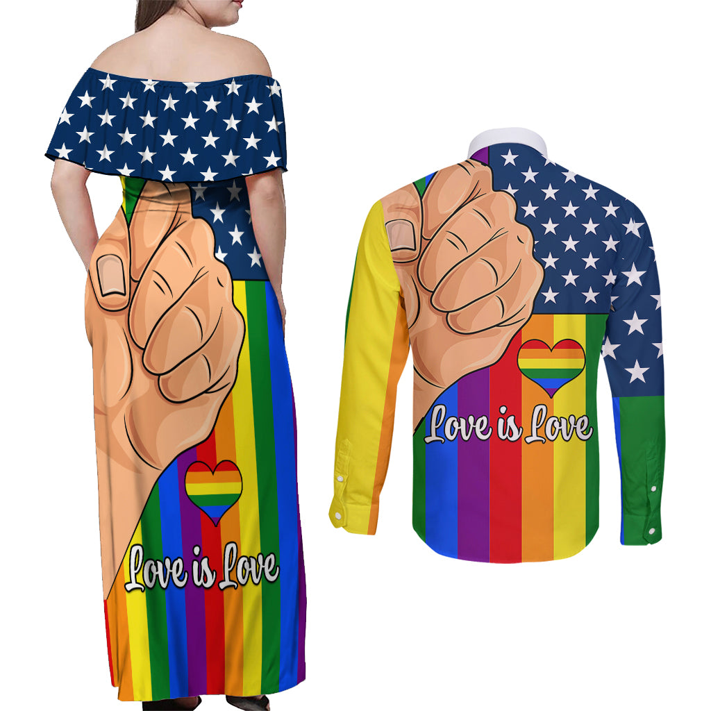 Love is Love Couples Matching Off Shoulder Maxi Dress and Long Sleeve Button Shirts 2023 National Coming Out Day - Wonder Print Shop