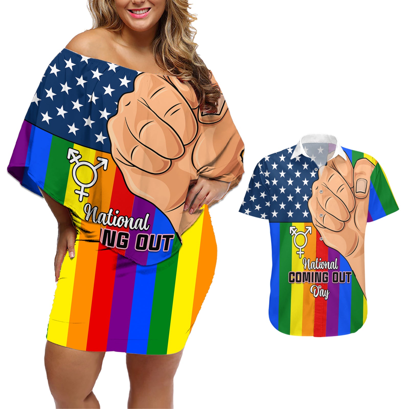 Love is Love Couples Matching Off Shoulder Short Dress and Hawaiian Shirt 2023 National Coming Out Day - Wonder Print Shop