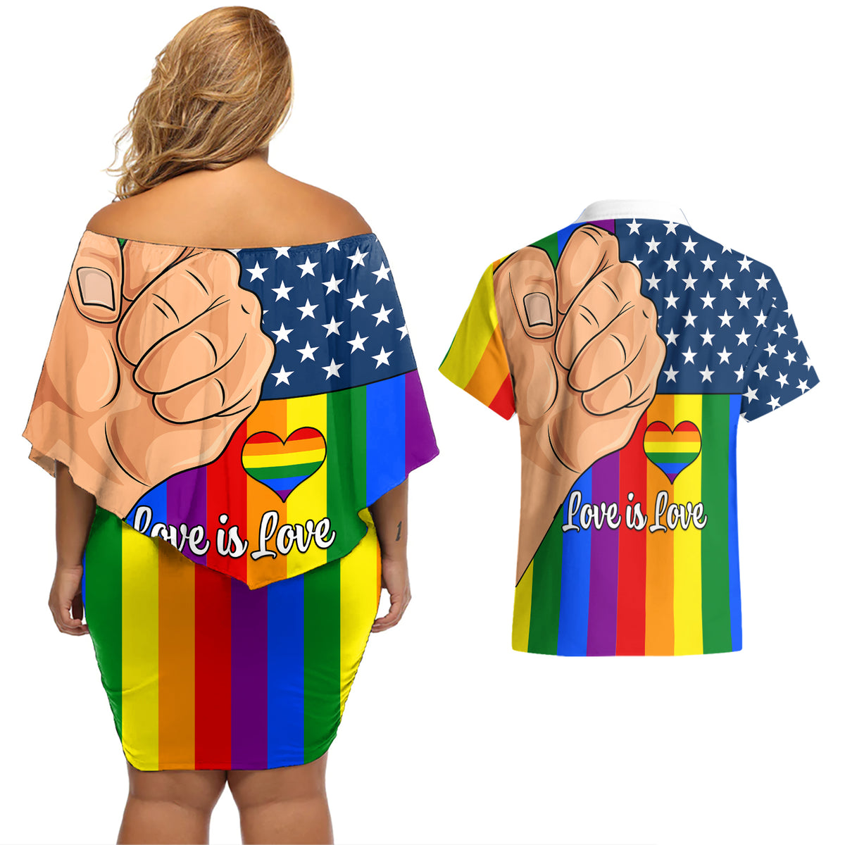 Love is Love Couples Matching Off Shoulder Short Dress and Hawaiian Shirt 2023 National Coming Out Day - Wonder Print Shop