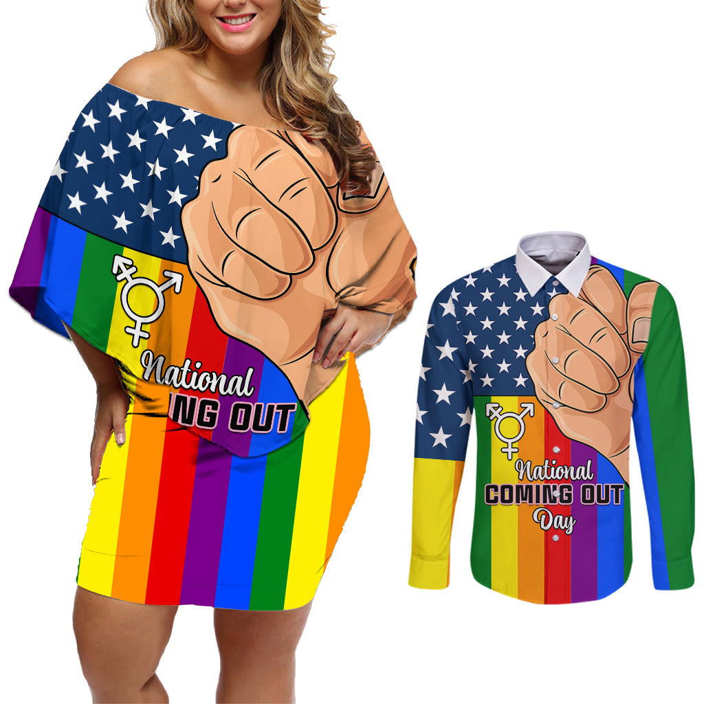 Love is Love Couples Matching Off Shoulder Short Dress and Long Sleeve Button Shirts 2023 National Coming Out Day - Wonder Print Shop
