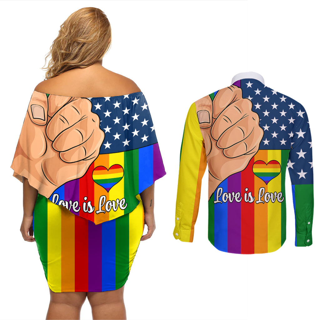 Love is Love Couples Matching Off Shoulder Short Dress and Long Sleeve Button Shirts 2023 National Coming Out Day - Wonder Print Shop