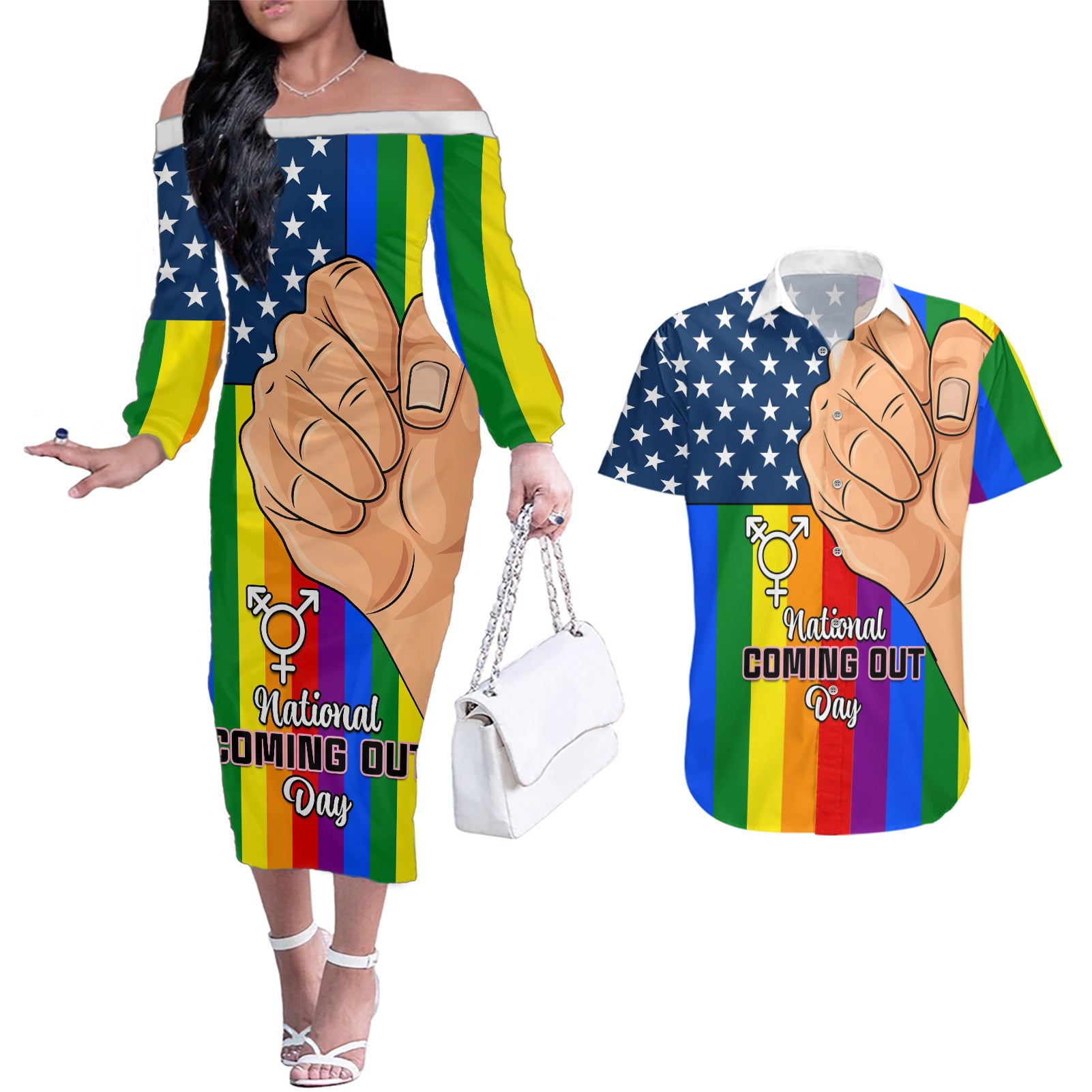 Love is Love Couples Matching Off The Shoulder Long Sleeve Dress and Hawaiian Shirt 2023 National Coming Out Day - Wonder Print Shop