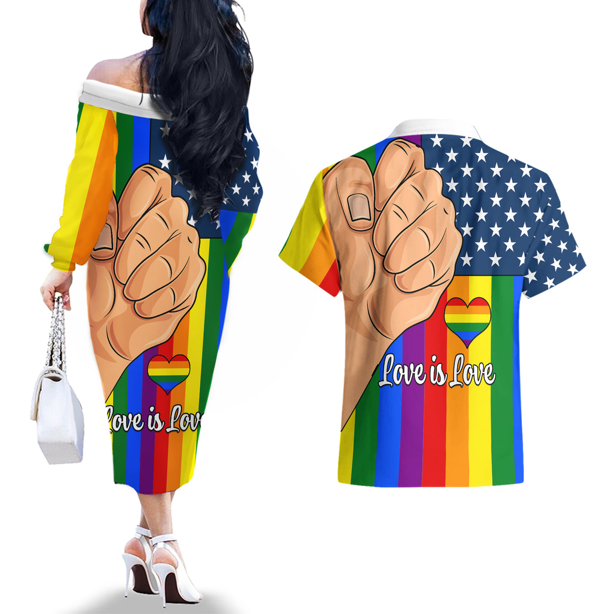Love is Love Couples Matching Off The Shoulder Long Sleeve Dress and Hawaiian Shirt 2023 National Coming Out Day - Wonder Print Shop