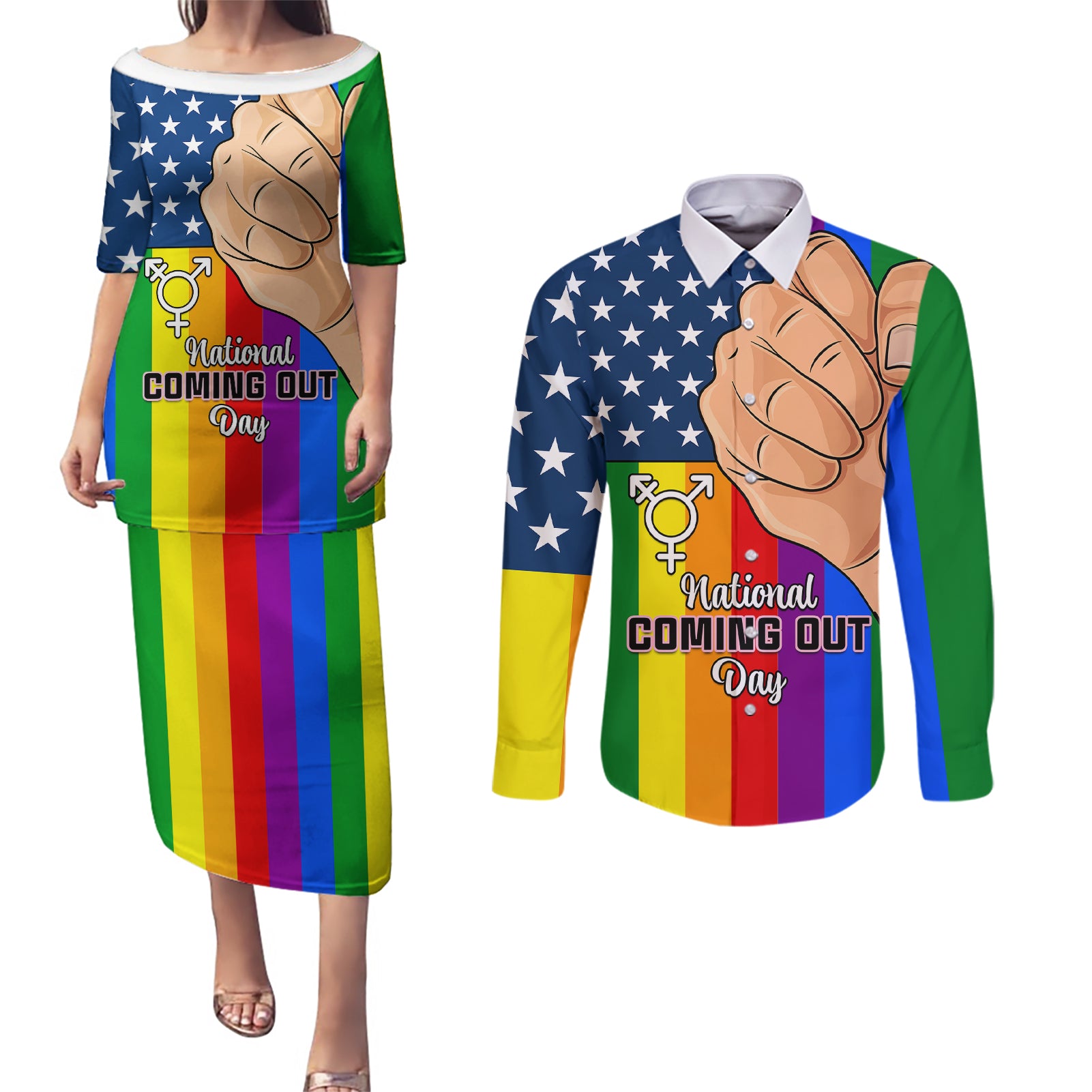 Love is Love Couples Matching Puletasi Dress and Long Sleeve Button Shirts 2023 National Coming Out Day - Wonder Print Shop