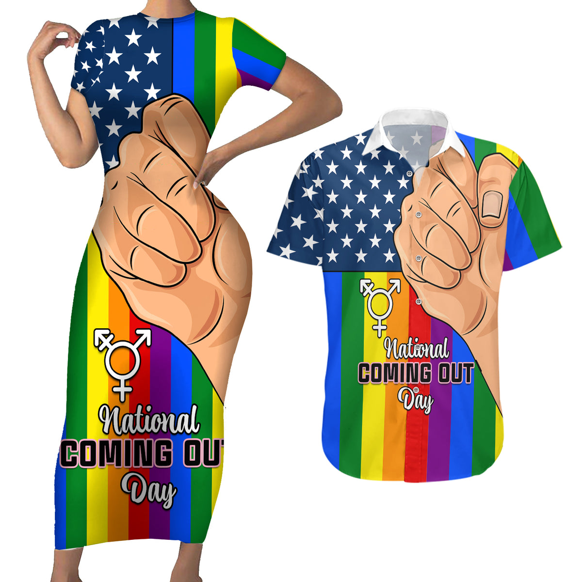 Love is Love Couples Matching Short Sleeve Bodycon Dress and Hawaiian Shirt 2023 National Coming Out Day - Wonder Print Shop