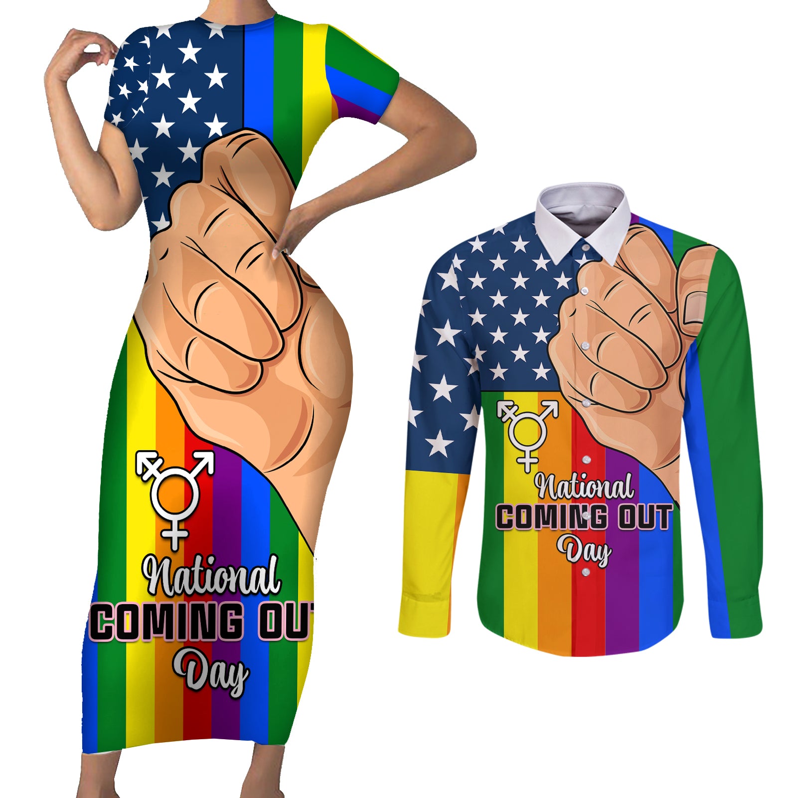 Love is Love Couples Matching Short Sleeve Bodycon Dress and Long Sleeve Button Shirts 2023 National Coming Out Day - Wonder Print Shop