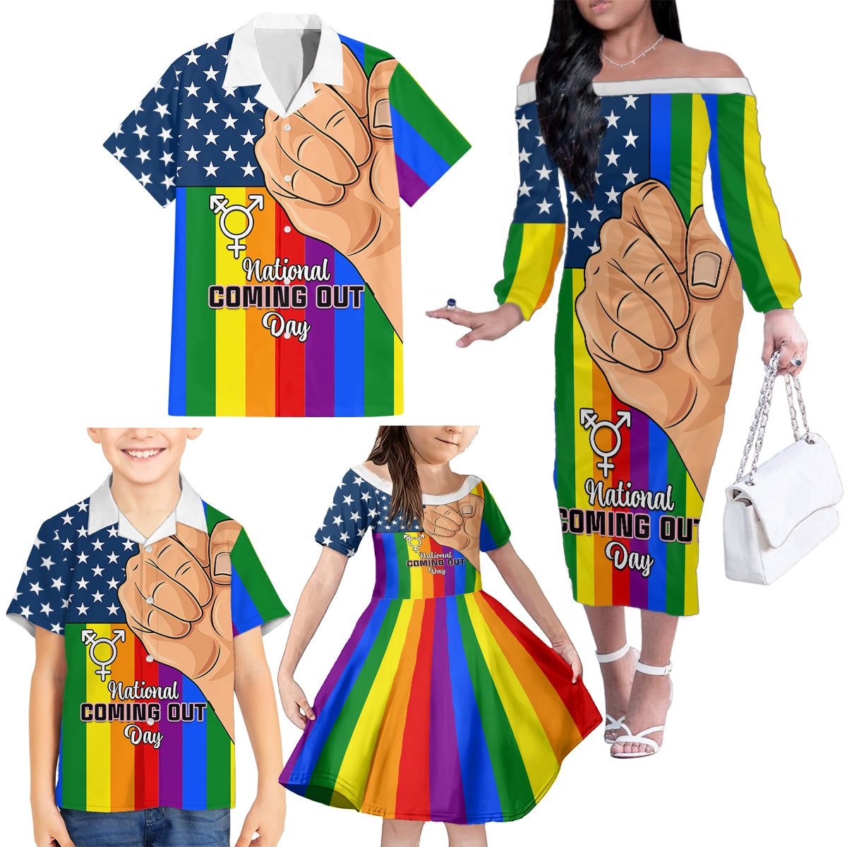 Love is Love Family Matching Off Shoulder Long Sleeve Dress and Hawaiian Shirt 2023 National Coming Out Day - Wonder Print Shop