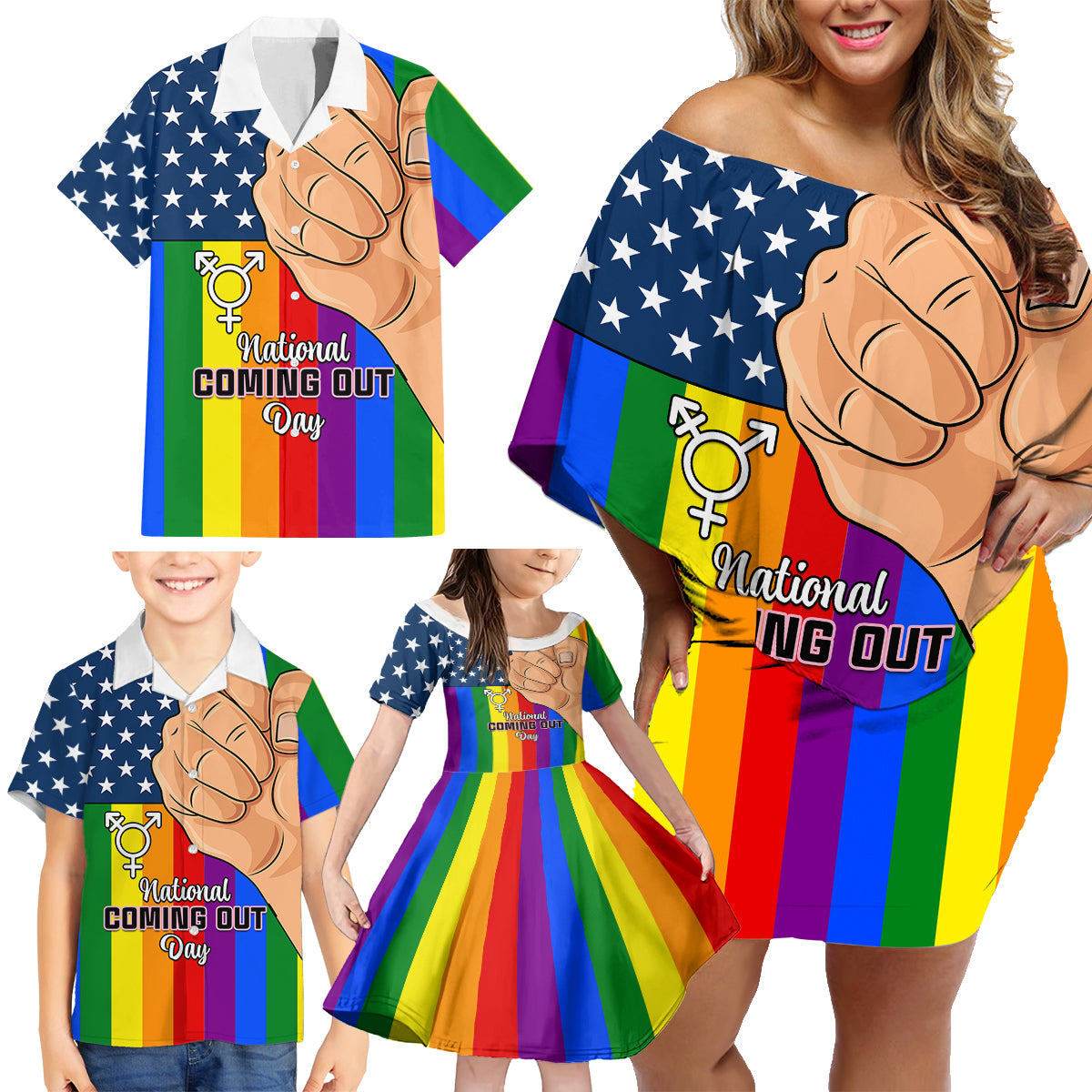 Love is Love Family Matching Off Shoulder Short Dress and Hawaiian Shirt 2023 National Coming Out Day - Wonder Print Shop
