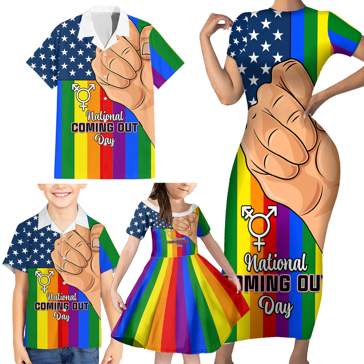 Love is Love Family Matching Short Sleeve Bodycon Dress and Hawaiian Shirt 2023 National Coming Out Day - Wonder Print Shop