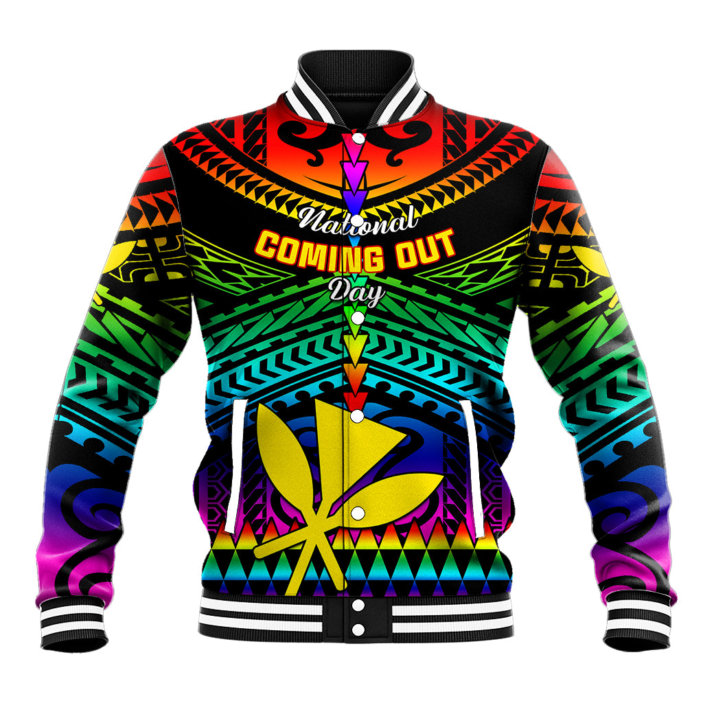 Personalised Hawaii Baseball Jacket Kanaka Maoli Kakau 2023 National Coming Out Day - Wonder Print Shop
