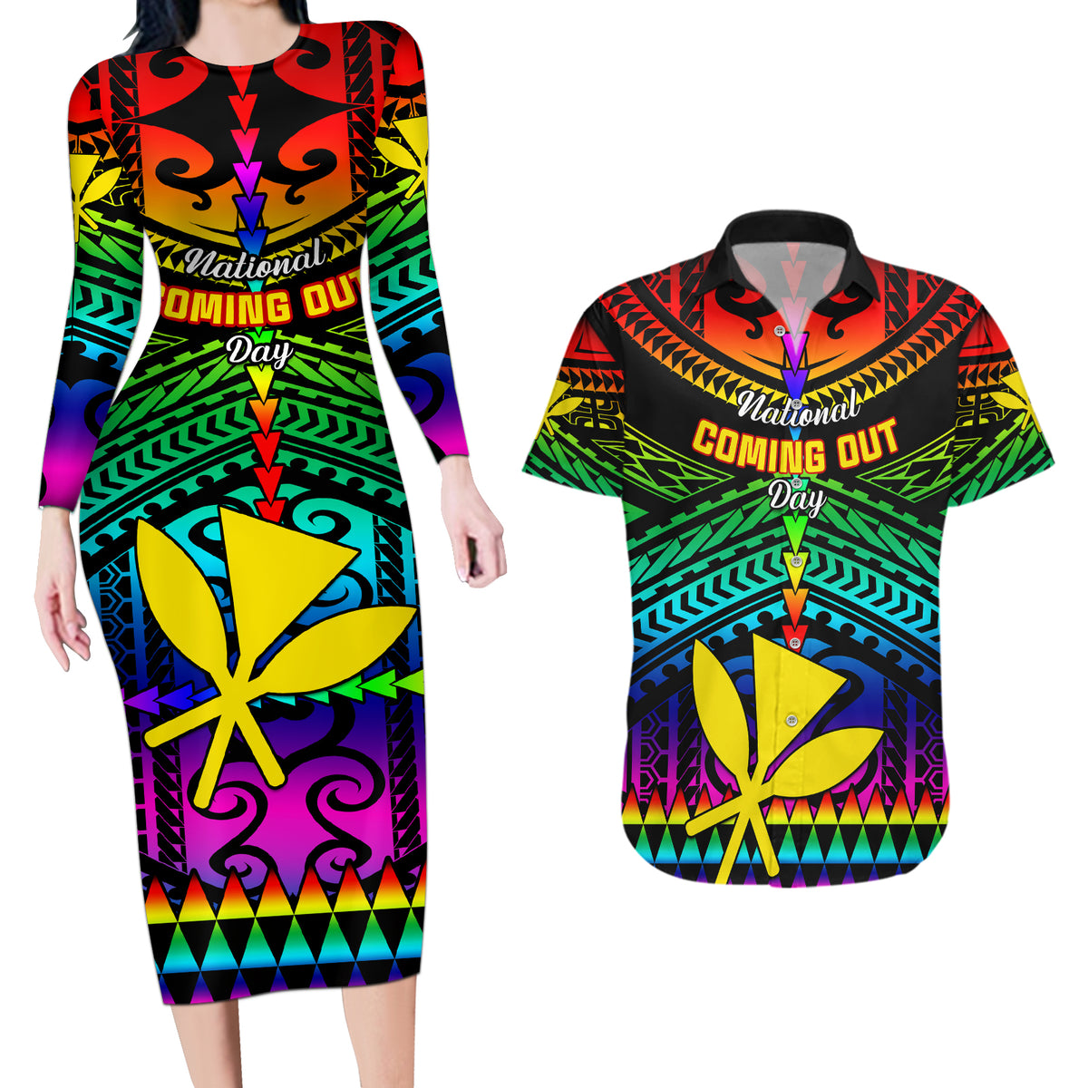Personalised Hawaii Couples Matching Long Sleeve Bodycon Dress and Hawaiian Shirt Kanaka Maoli Kakau 2023 National Coming Out Day - Wonder Print Shop