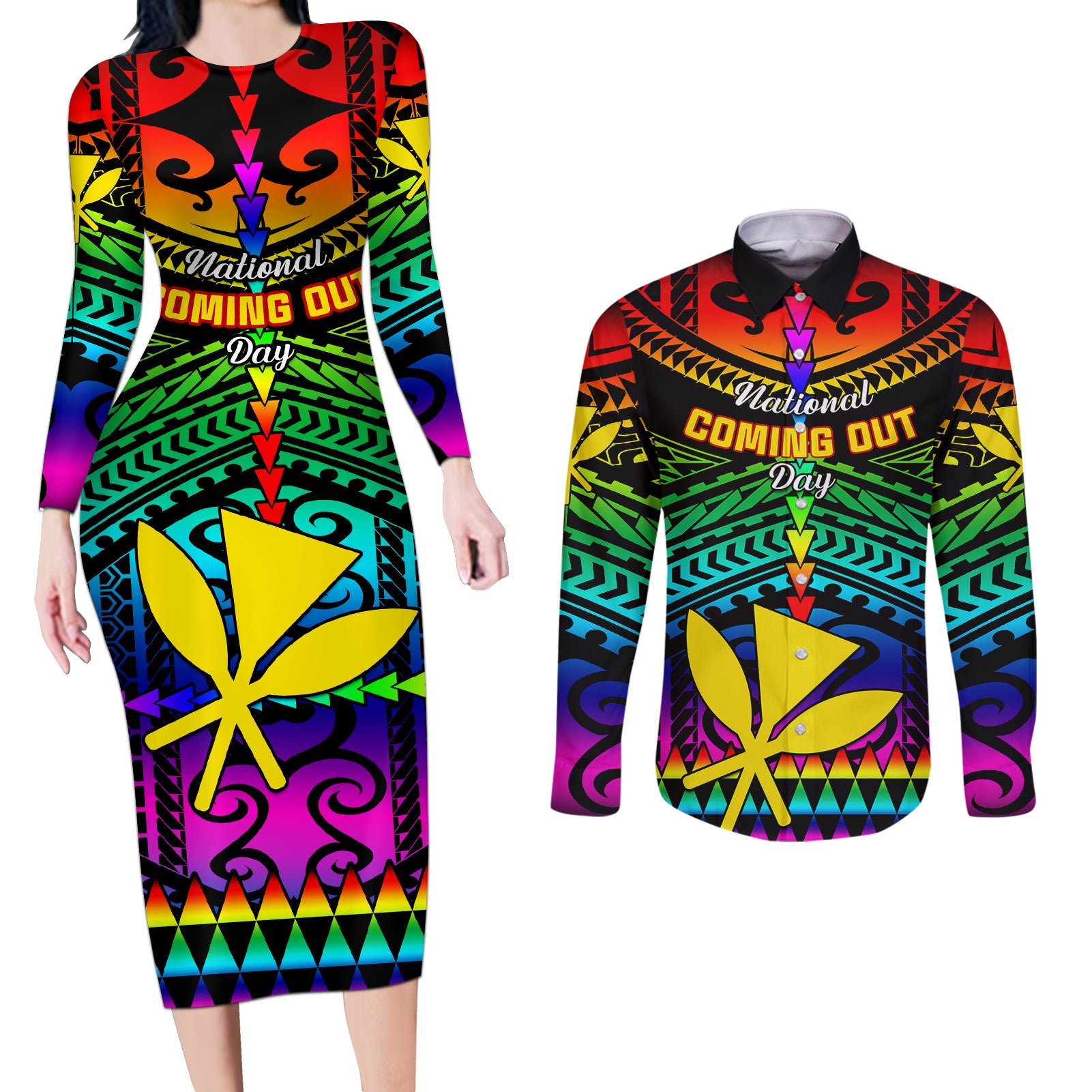 Personalised Hawaii Couples Matching Long Sleeve Bodycon Dress and Long Sleeve Button Shirts Kanaka Maoli Kakau 2023 National Coming Out Day - Wonder Print Shop