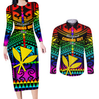 Personalised Hawaii Couples Matching Long Sleeve Bodycon Dress and Long Sleeve Button Shirts Kanaka Maoli Kakau 2023 National Coming Out Day - Wonder Print Shop