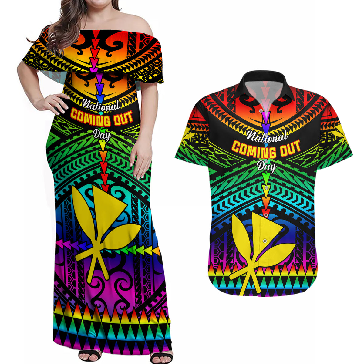 Personalised Hawaii Couples Matching Off Shoulder Maxi Dress and Hawaiian Shirt Kanaka Maoli Kakau 2023 National Coming Out Day - Wonder Print Shop