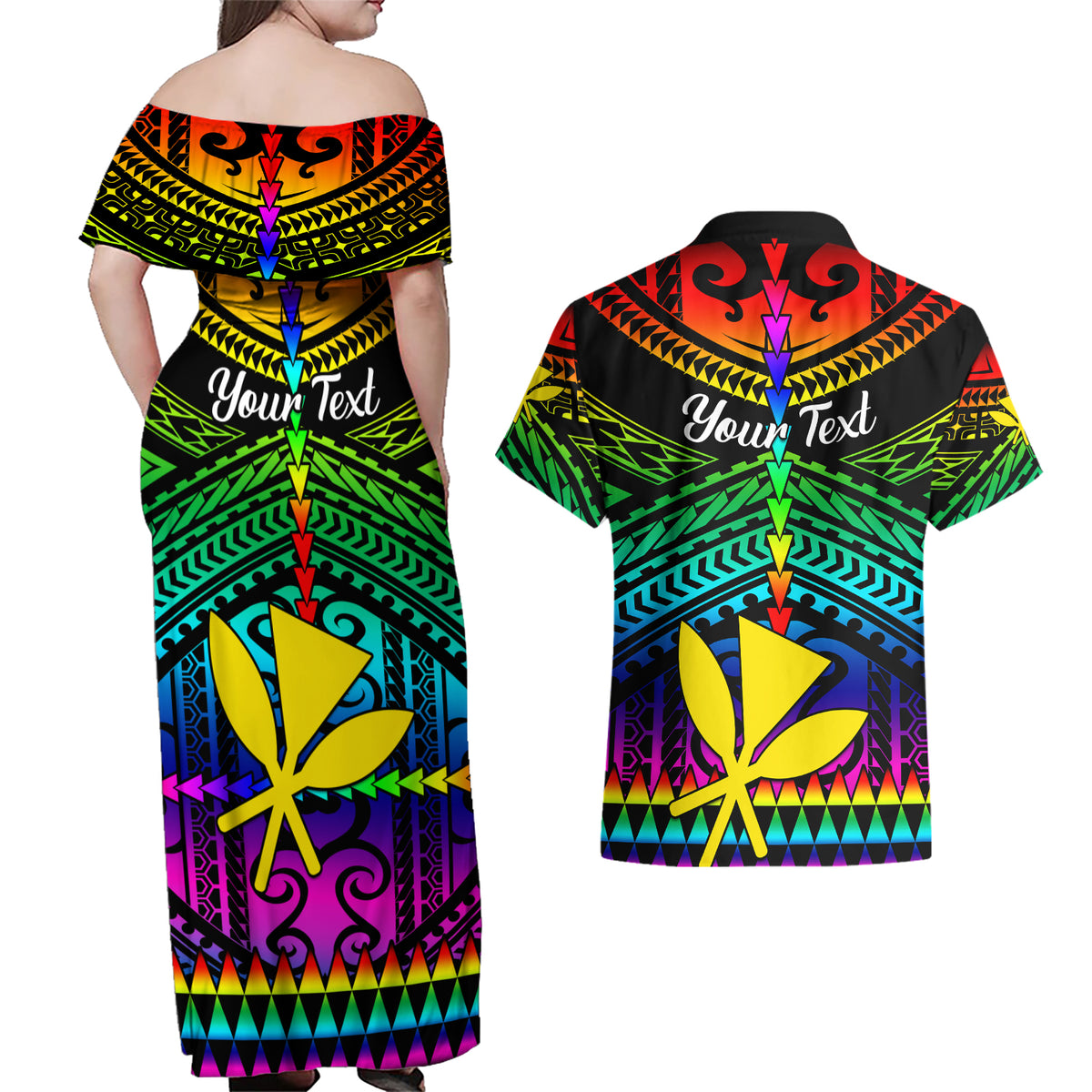 Personalised Hawaii Couples Matching Off Shoulder Maxi Dress and Hawaiian Shirt Kanaka Maoli Kakau 2023 National Coming Out Day - Wonder Print Shop
