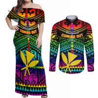 Personalised Hawaii Couples Matching Off Shoulder Maxi Dress and Long Sleeve Button Shirts Kanaka Maoli Kakau 2023 National Coming Out Day - Wonder Print Shop