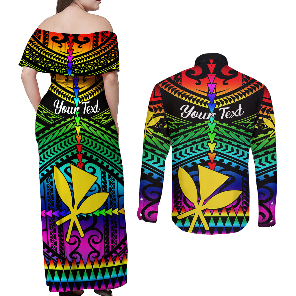 Personalised Hawaii Couples Matching Off Shoulder Maxi Dress and Long Sleeve Button Shirts Kanaka Maoli Kakau 2023 National Coming Out Day - Wonder Print Shop