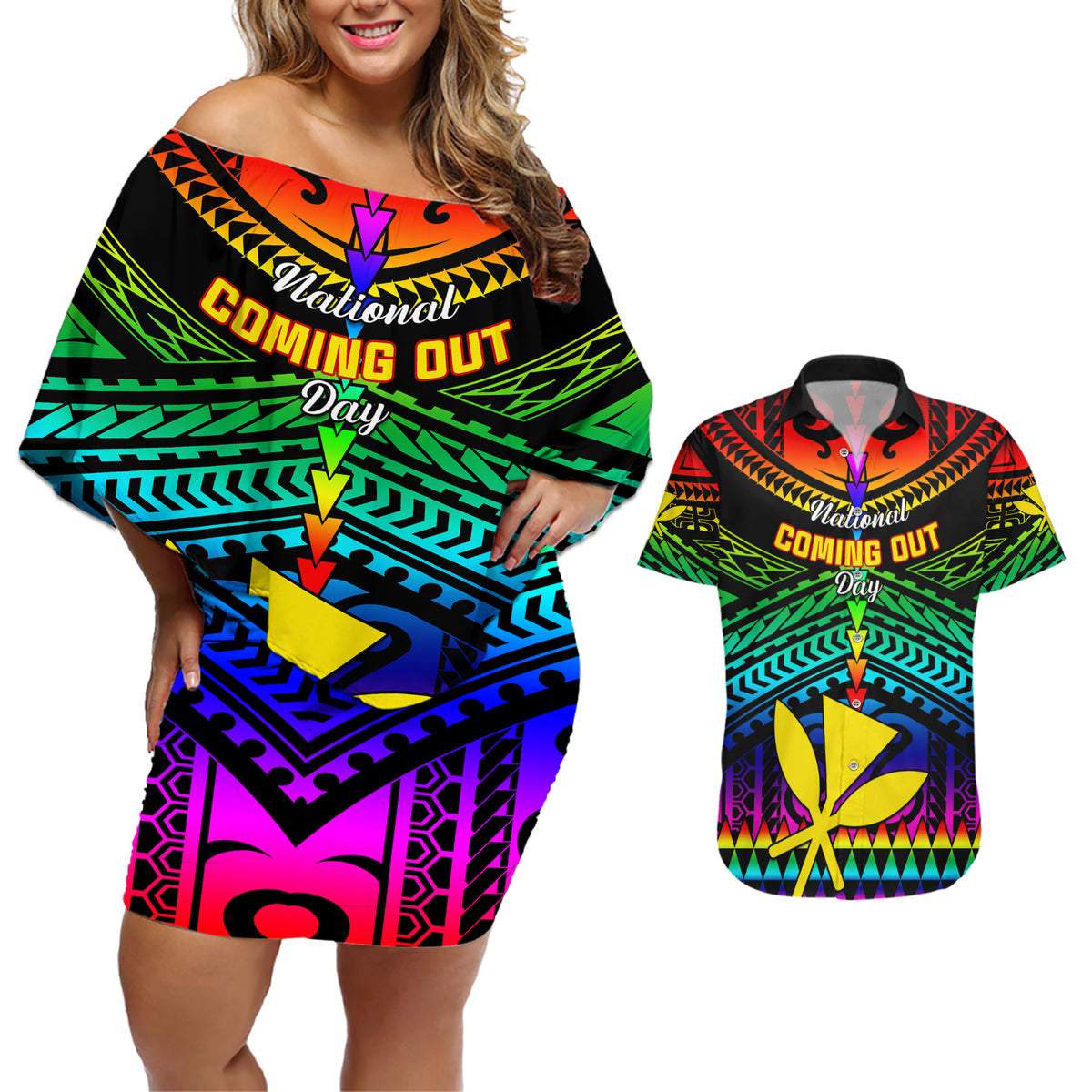 Personalised Hawaii Couples Matching Off Shoulder Short Dress and Hawaiian Shirt Kanaka Maoli Kakau 2023 National Coming Out Day - Wonder Print Shop
