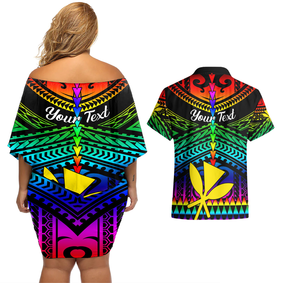 Personalised Hawaii Couples Matching Off Shoulder Short Dress and Hawaiian Shirt Kanaka Maoli Kakau 2023 National Coming Out Day - Wonder Print Shop