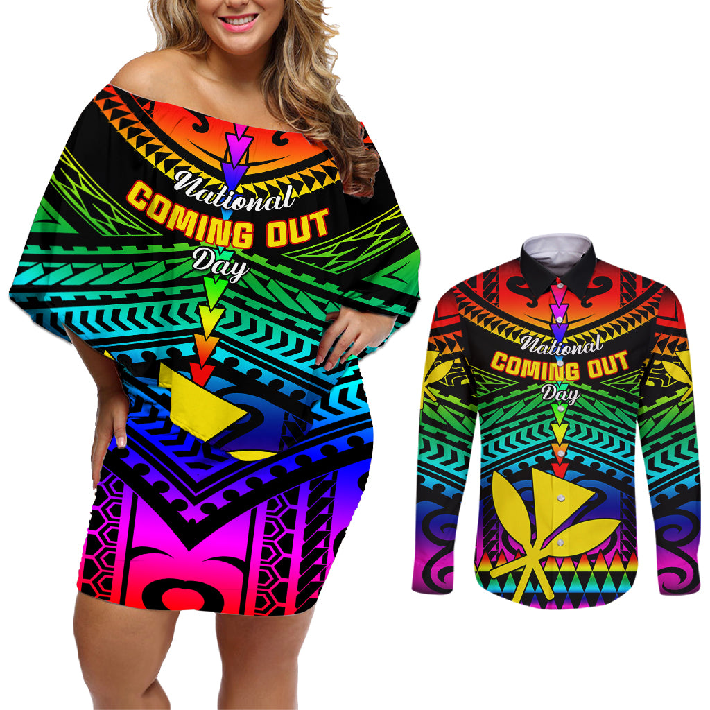 Personalised Hawaii Couples Matching Off Shoulder Short Dress and Long Sleeve Button Shirts Kanaka Maoli Kakau 2023 National Coming Out Day - Wonder Print Shop