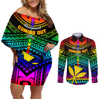 Personalised Hawaii Couples Matching Off Shoulder Short Dress and Long Sleeve Button Shirts Kanaka Maoli Kakau 2023 National Coming Out Day - Wonder Print Shop