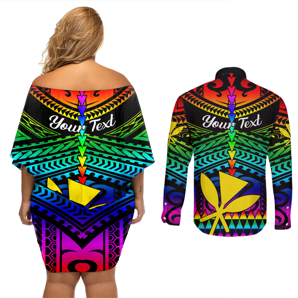 Personalised Hawaii Couples Matching Off Shoulder Short Dress and Long Sleeve Button Shirts Kanaka Maoli Kakau 2023 National Coming Out Day - Wonder Print Shop