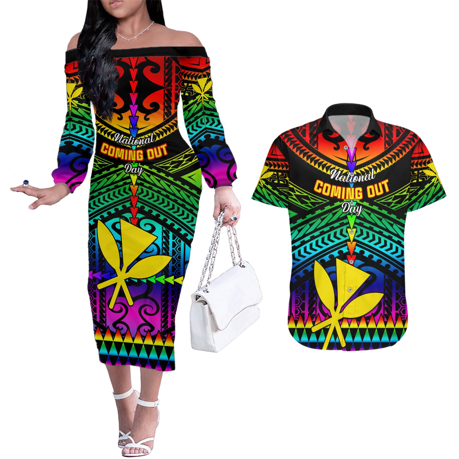 Personalised Hawaii Couples Matching Off The Shoulder Long Sleeve Dress and Hawaiian Shirt Kanaka Maoli Kakau 2023 National Coming Out Day - Wonder Print Shop