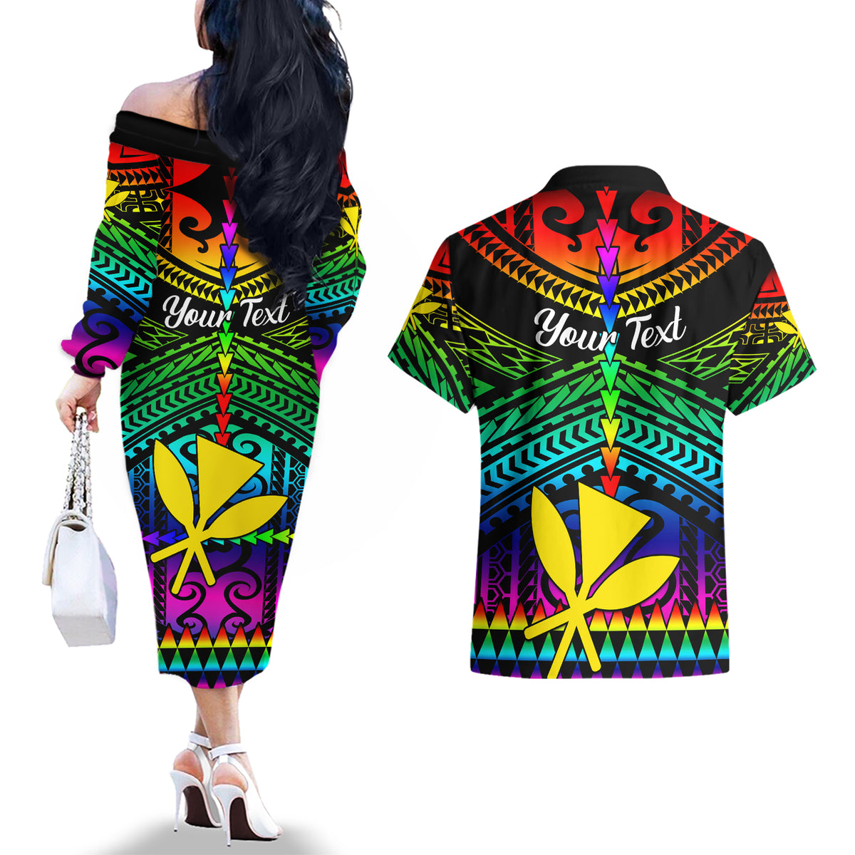 Personalised Hawaii Couples Matching Off The Shoulder Long Sleeve Dress and Hawaiian Shirt Kanaka Maoli Kakau 2023 National Coming Out Day - Wonder Print Shop