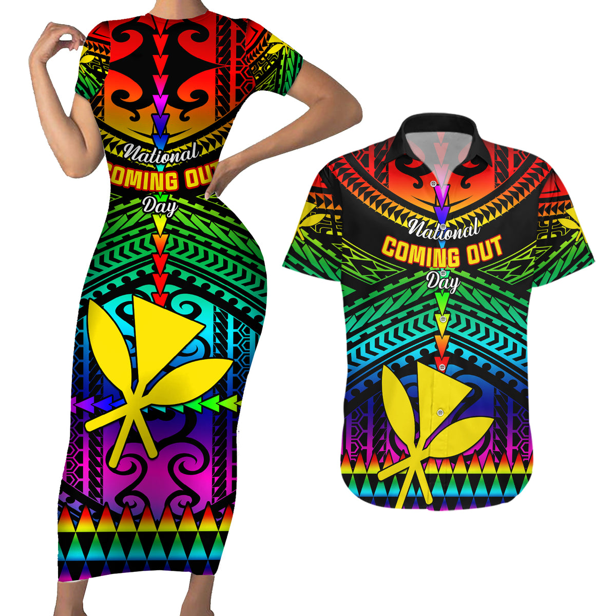 Personalised Hawaii Couples Matching Short Sleeve Bodycon Dress and Hawaiian Shirt Kanaka Maoli Kakau 2023 National Coming Out Day - Wonder Print Shop