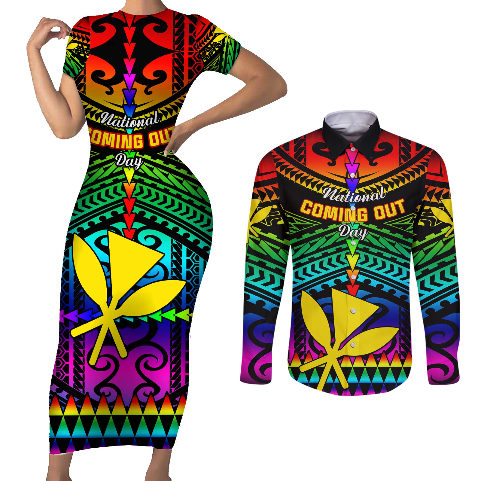 Personalised Hawaii Couples Matching Short Sleeve Bodycon Dress and Long Sleeve Button Shirts Kanaka Maoli Kakau 2023 National Coming Out Day - Wonder Print Shop