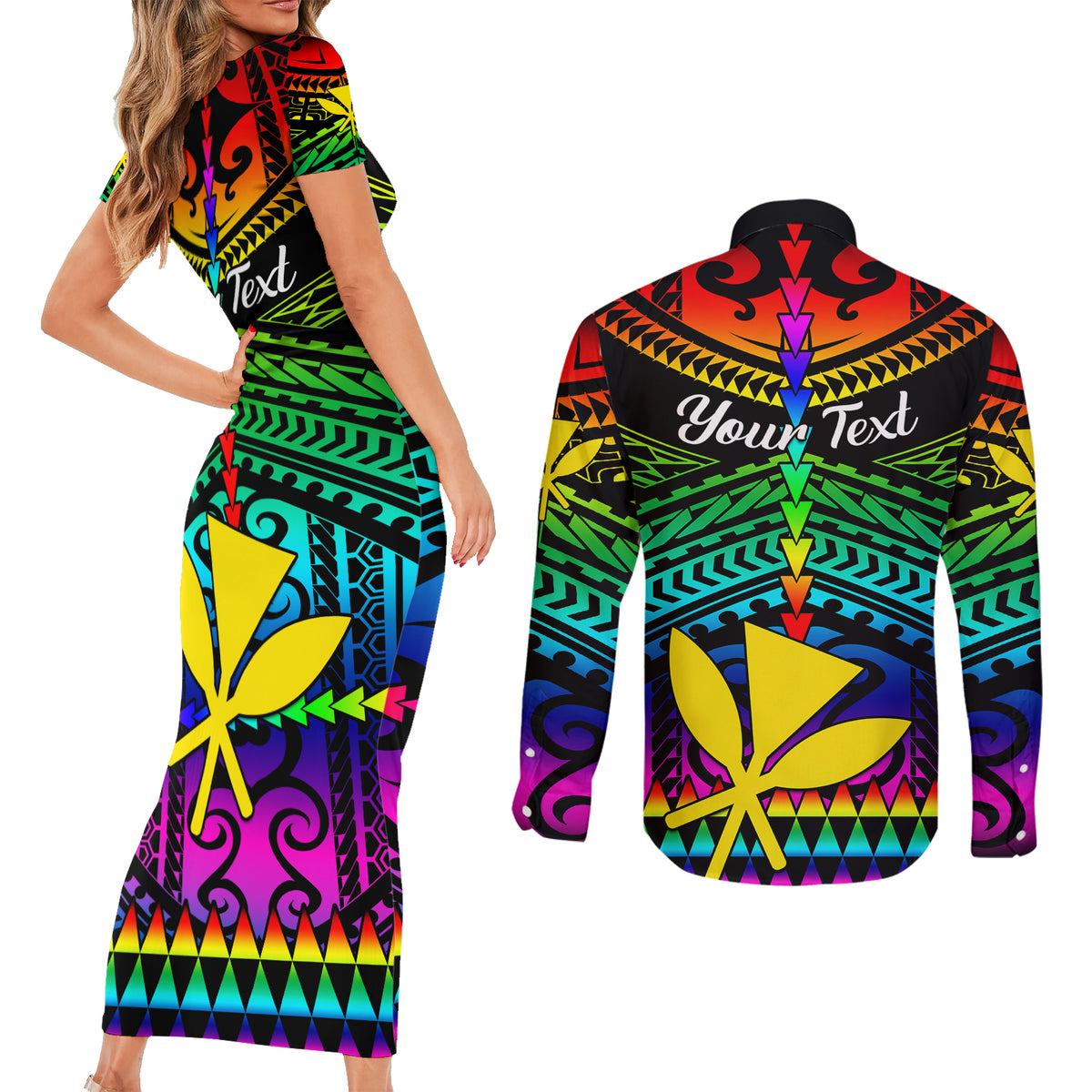 Personalised Hawaii Couples Matching Short Sleeve Bodycon Dress and Long Sleeve Button Shirts Kanaka Maoli Kakau 2023 National Coming Out Day - Wonder Print Shop