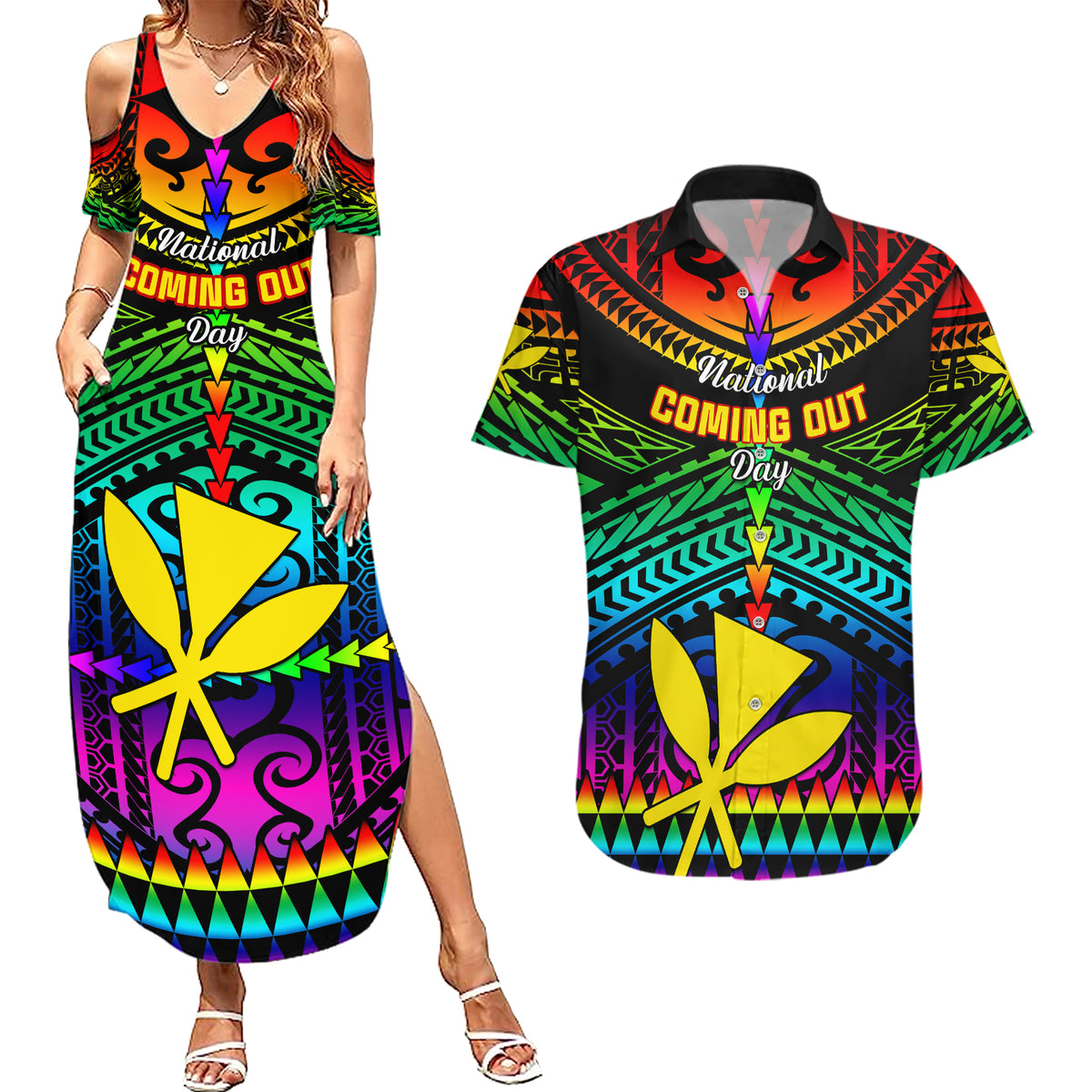 Personalised Hawaii Couples Matching Summer Maxi Dress and Hawaiian Shirt Kanaka Maoli Kakau 2023 National Coming Out Day - Wonder Print Shop