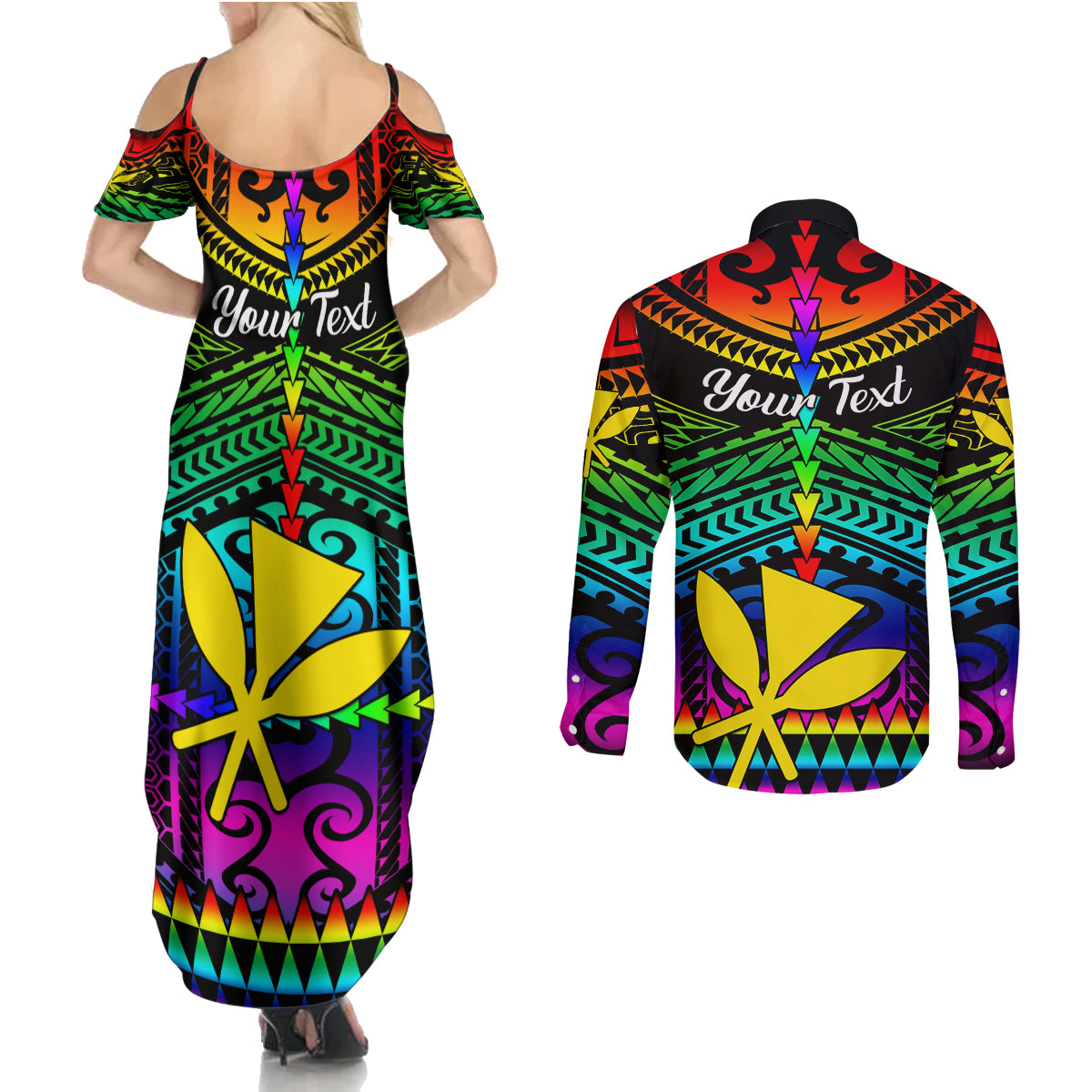 Personalised Hawaii Couples Matching Summer Maxi Dress and Long Sleeve Button Shirts Kanaka Maoli Kakau 2023 National Coming Out Day - Wonder Print Shop