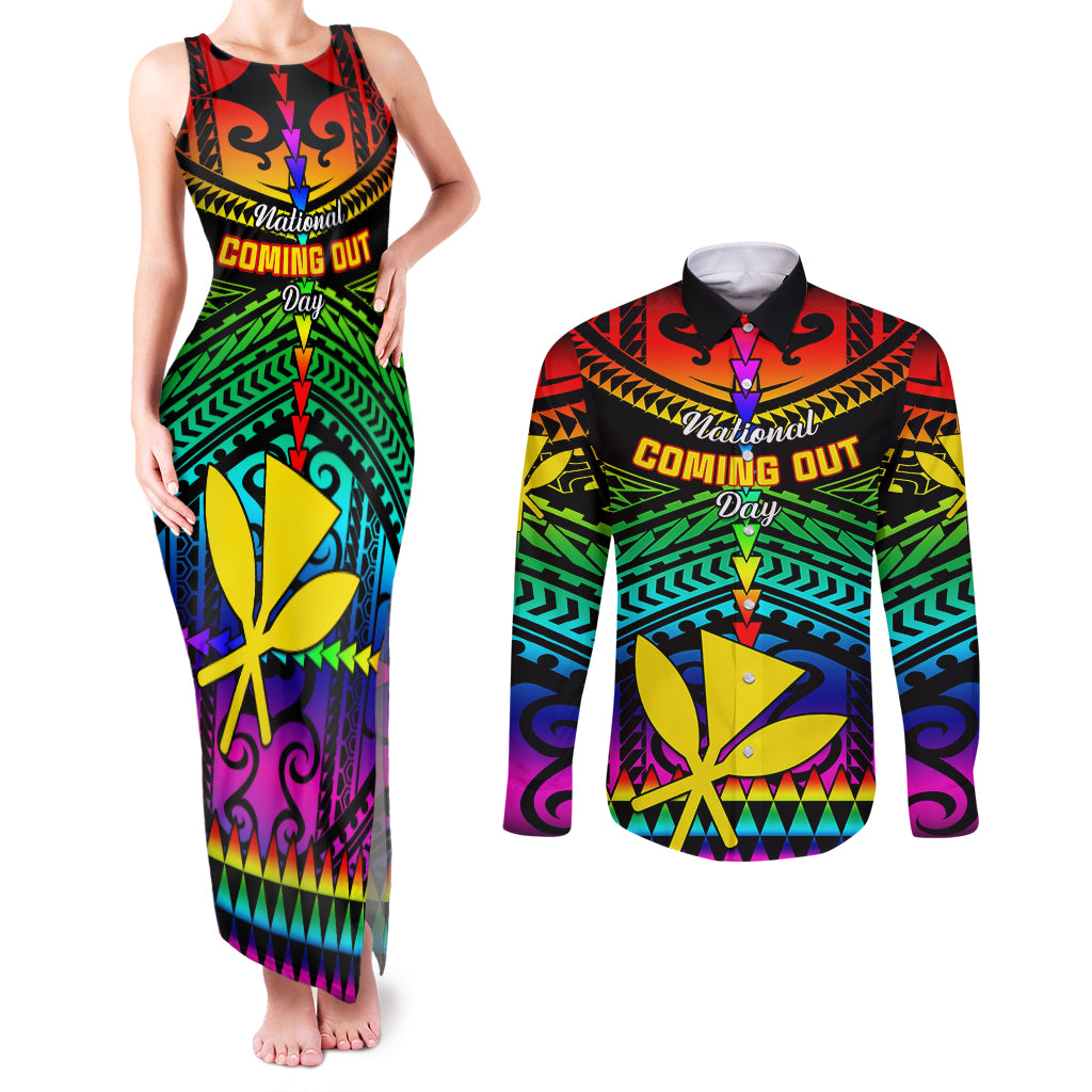 Personalised Hawaii Couples Matching Tank Maxi Dress and Long Sleeve Button Shirts Kanaka Maoli Kakau 2023 National Coming Out Day - Wonder Print Shop