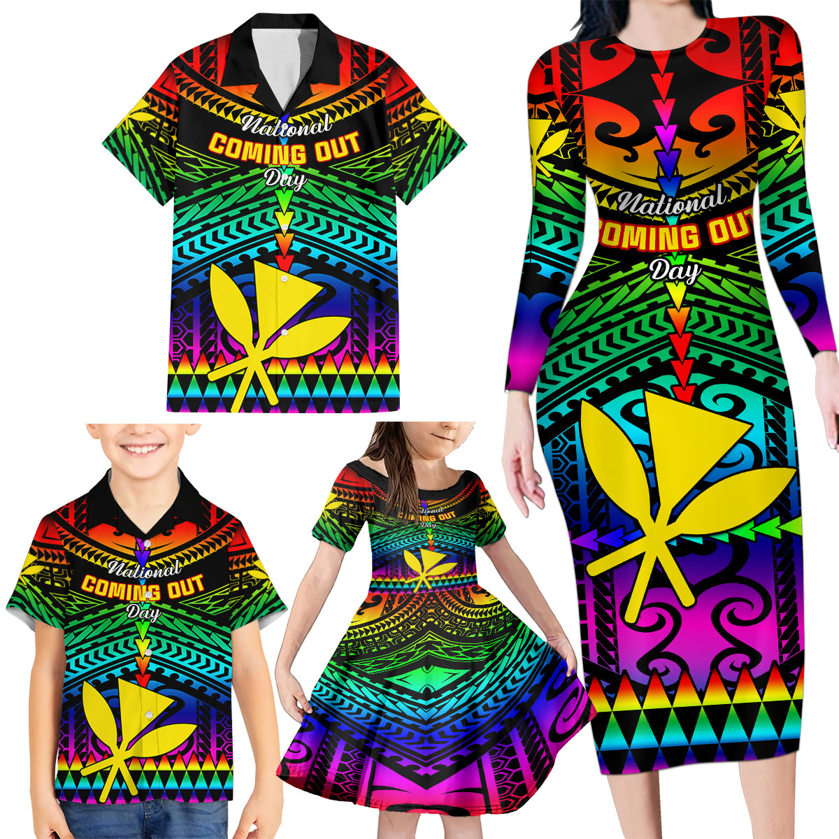 Personalised Hawaii Family Matching Long Sleeve Bodycon Dress and Hawaiian Shirt Kanaka Maoli Kakau 2023 National Coming Out Day - Wonder Print Shop